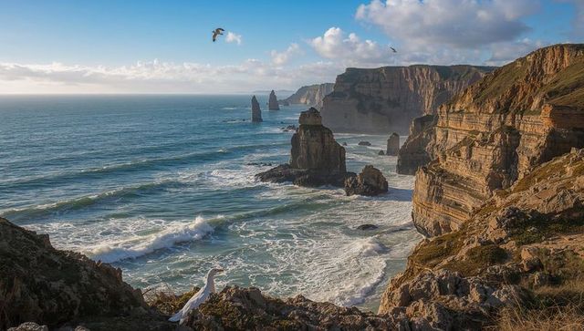 Sunlit Sea Stacks and Towering Cliffs with Soaring Gulls at Coastal Headland Lookout