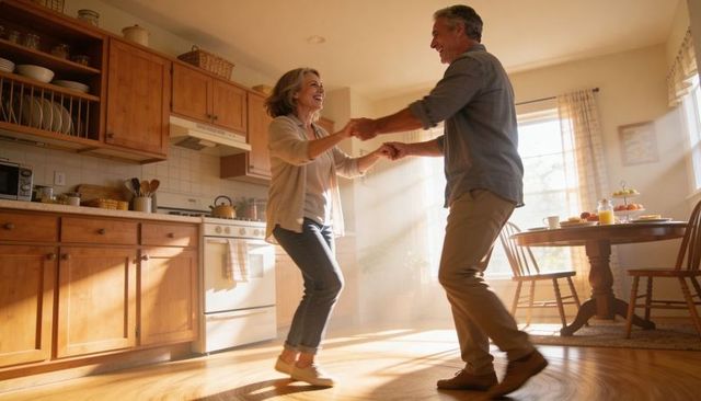 Senior couple dancing in sunlit cozy kitchen, morning warmth and companionship