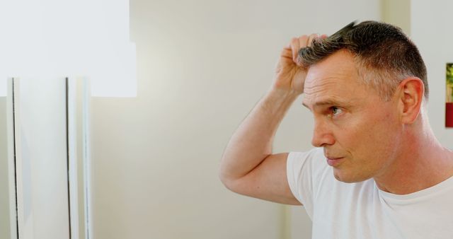 Man Combing Hair in Front of Bathroom Mirror - Download Free Stock Images Pikwizard.com