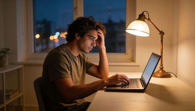 Young man studying late on laptop at home desk under warm lamp, moody evening focus