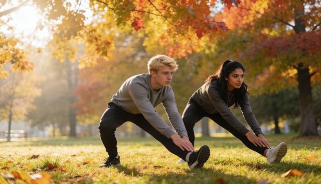 Young adults stretching hamstrings on autumn park lawn during golden hour outdoor workout