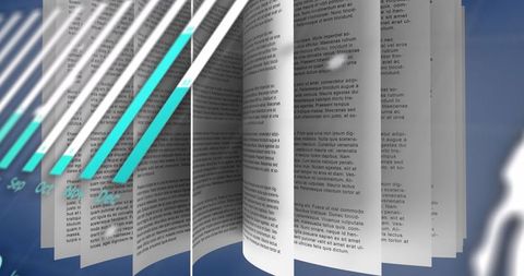 Financial graphs overlaying open book on navy background