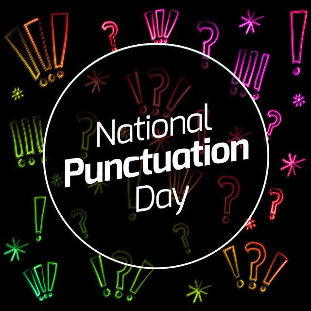 National punctuation day text over round banner against english symbols on black background. National punctuation day awareness concept