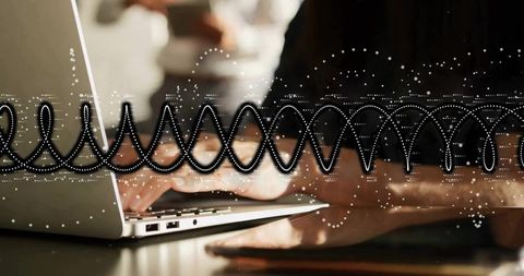 Asian Woman Typing on Laptop with Waveform Overlay