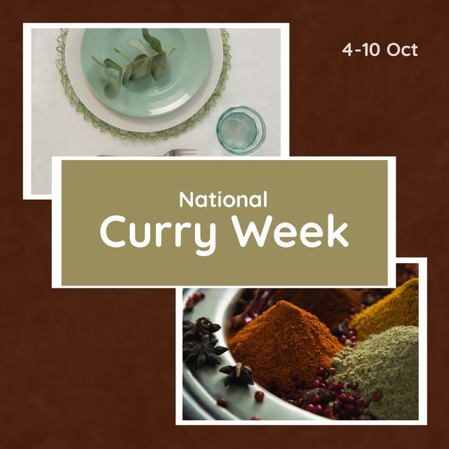 Digital composite image of spices with national curry week text in brown frame, copy space. Celebration, support, indian restaurant industry, raise funds, indian culinary arts.