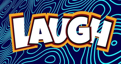 Bold comic style 'laugh' text over geometric blue backdrop