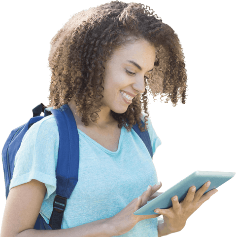 Smiling Young Woman with Tablet Viewed in Transparent Background