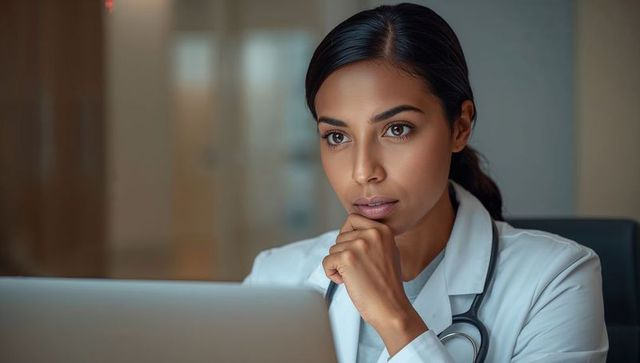 Female doctor studying laptop for telemedicine consultation, focused clinician