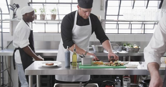 This stock photo is useful for blog posts, restaurant websites, culinary schools, and cooking magazines focusing on professional kitchen settings and teamwork in food preparation. It portrays chefs working diligently on seafood dishes, suitable for themes related to gastronomy, culinary careers, or modern restaurant operations.