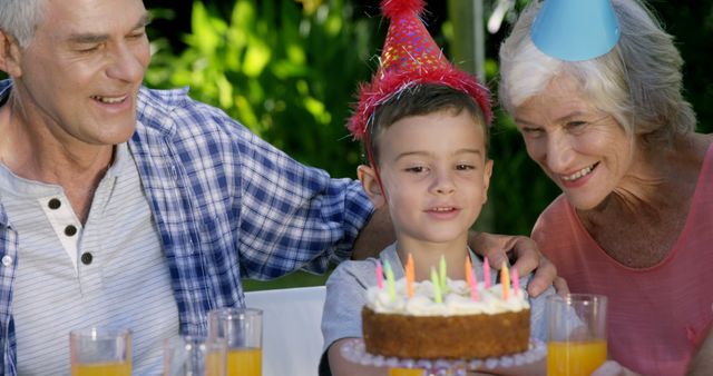 Happy Outdoor Birthday Celebration with Grandparents and Cake - Download Free Stock Images Pikwizard.com