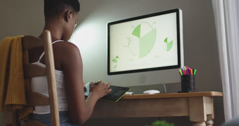 Woman Using Graphic Tablet While Working at Home Office