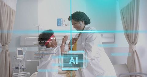 Pediatric clinician comforting child at bedside using ai overlay for compassionate care