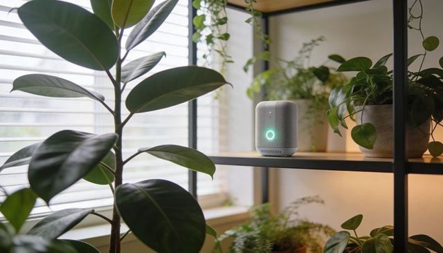 Glowing teal led cylindrical smart speaker sitting on metal shelf among indoor plants