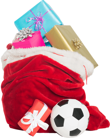 Transparent santa sack brimming with gifts and soccer ball