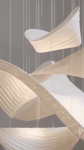 Vertical panning of suspended ribbed pendant shades swaying with warm translucent glow