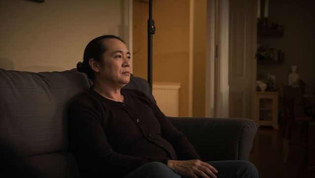 Contemplative asian woman sitting on sofa in cozy living room with warm evening light