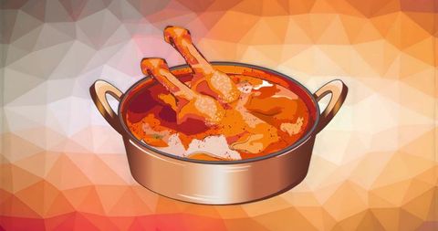 Simmering Chicken Stew in Copper Pot on Warm Polygonal Background