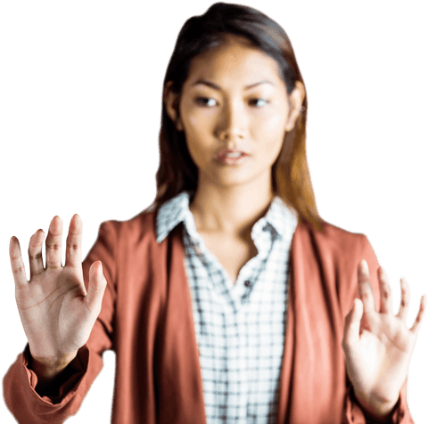 Transparent image of focused businesswoman showing palms