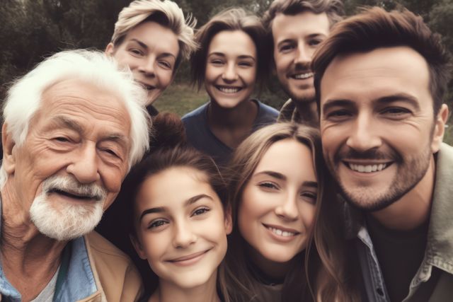 Three generations of family members pose closely together, smiling warmly at the camera for a group selfie. The outdoor backdrop suggests a natural setting, making it perfect for concepts related to family gatherings, unity, and joyful moments. Suitable for use in advertising for family services, holiday promotions, and community events.