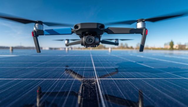 Hovering Quadcopter Drone Inspecting Solar Farm Over Reflective Panels for Aerial Survey