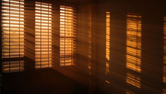 Golden sunlight streaming through slatted blinds casting warm striped shadows on interior