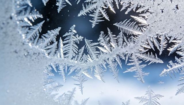 Backlit hoarfrost crystals forming dendritic fernlike patterns on cold window glass