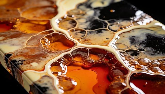 Macro poured resin panel revealing amber ochre black cellular bubbles with glossy depth