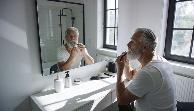 Senior man trimming beard at minimalist bathroom vanity with mirror and natural light morning routin