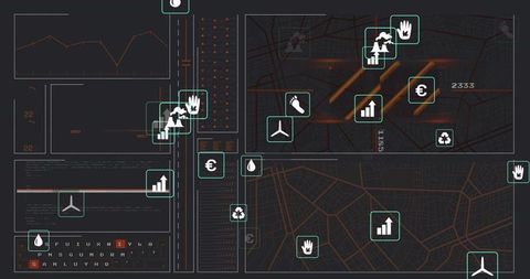 Dark Geospatial Analytics Dashboard Displaying Teal Icons, Orange Metrics and Grid Maps