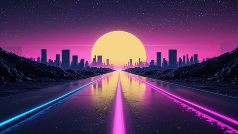 Futuristic neon highway leading to cyberpunk cityscape at night