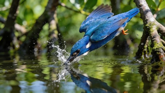 Cobalt kingfisher diving into stream, creating splash and crisp mirror reflection