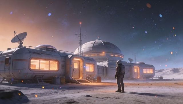 Astronaut approaching lunar research outpost at twilight with lit habitat modules