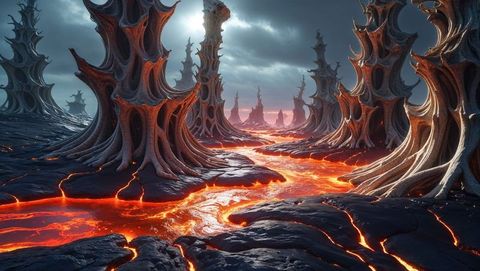 Surreal alien landscape with molten lava and spiky pillars