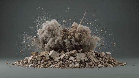 Dramatic explosion of concrete rubble with dust and debris