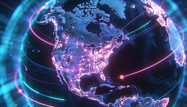 Neon network globe highlighting north america with orbital light trails