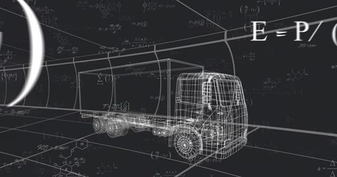 Wireframe Semi-Trailer Truck with Equations and Formulas