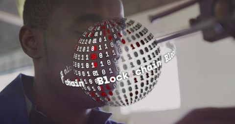 Man examining blockchain hologram globe over workstation tablet, digital tech network