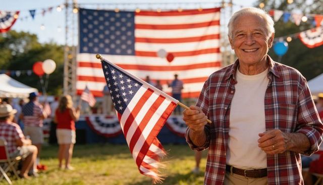 Senior man waving american flag at outdoor fourth of july community celebration