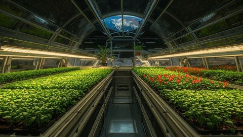 Space greenhouse growing hydroponic seedlings on LED-lit trays with Earth visible through dome