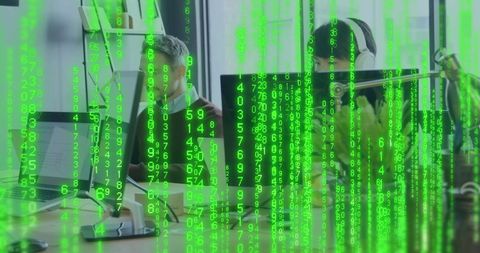 Binary code data flow with modern office team in background