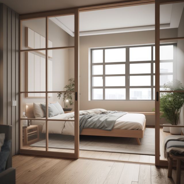 Opened glass tatami door to bedroom, created using generative ai technology - Download Free Stock Photos Pikwizard.com