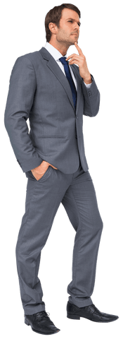 Thoughtful Caucasian Businessman in Gray Suit on Transparent Background