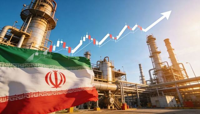 Iran flag waving over oil refinery with rising stock candlestick chart and upward arrow