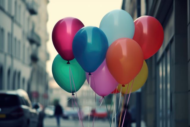 A bunch of colourful helium party balloons on city street, created using generative ai technology. Celebration and party time, digitally generated image.
