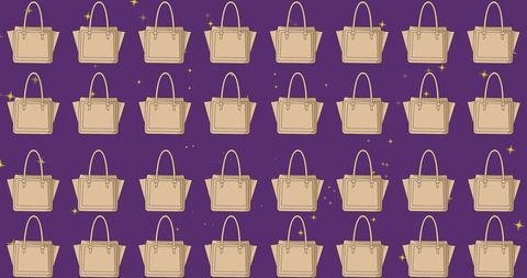 Pattern of beige handbag icons on purple background with sparkles