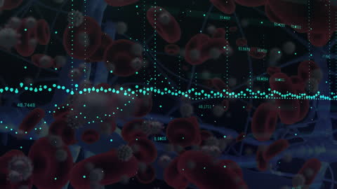Floating Red Cells with Data Overlay Representing Pandemic Impact