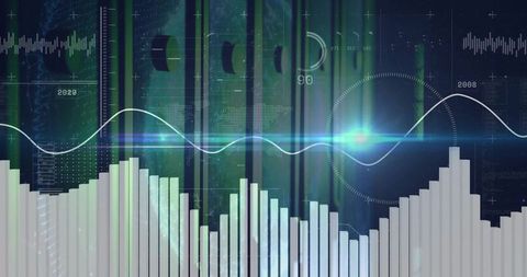 Futuristic Data Analytics Interface with Bar Graph and Waveform