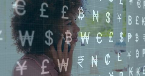 Businesswoman Using Smartphone with Financial Symbols Overlay