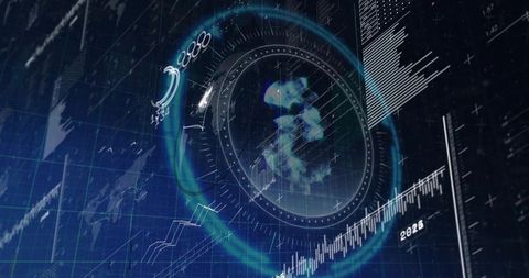 Futuristic Holographic Data Dashboard Showing Globe, Neon Ring and Financial Charts