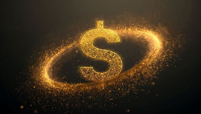 Glittering gold dollar sign surrounded by orbiting halo of glowing particles for finance